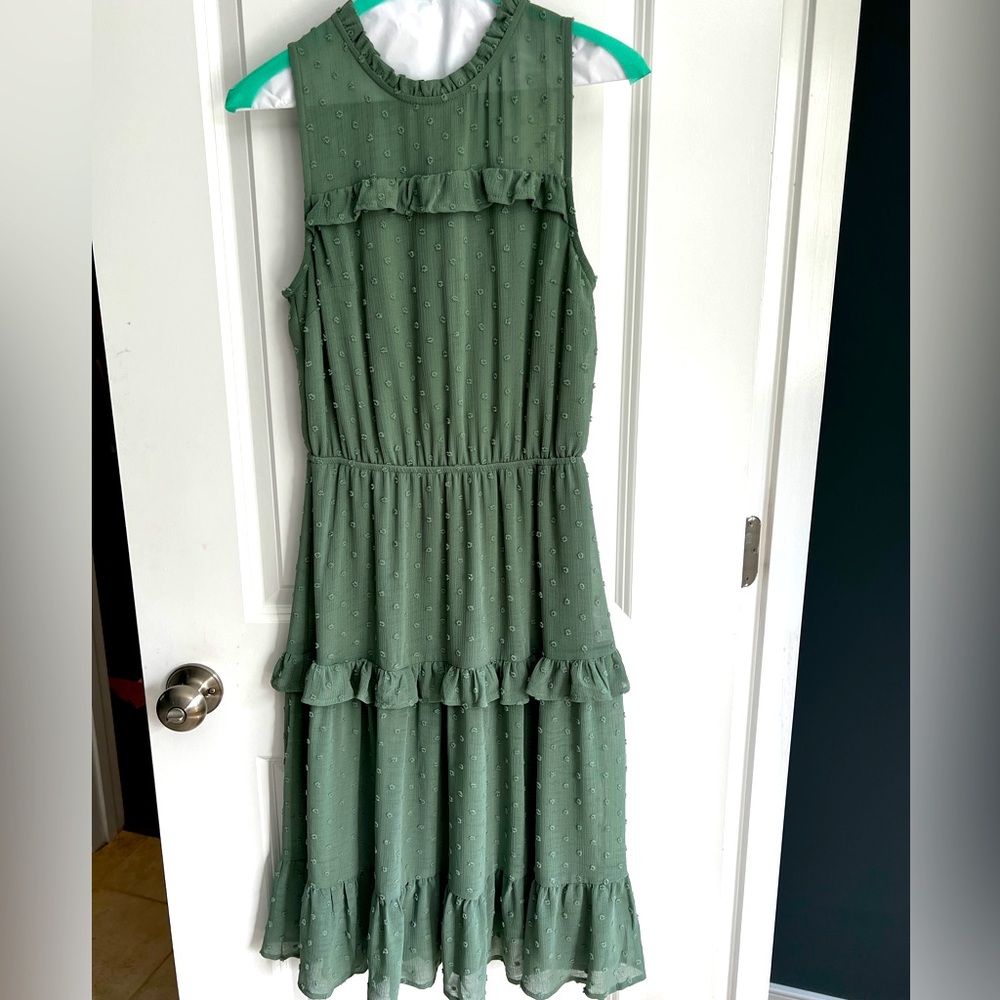 Size Small, Monteau olive green Swiss “dot”,below knee dress.